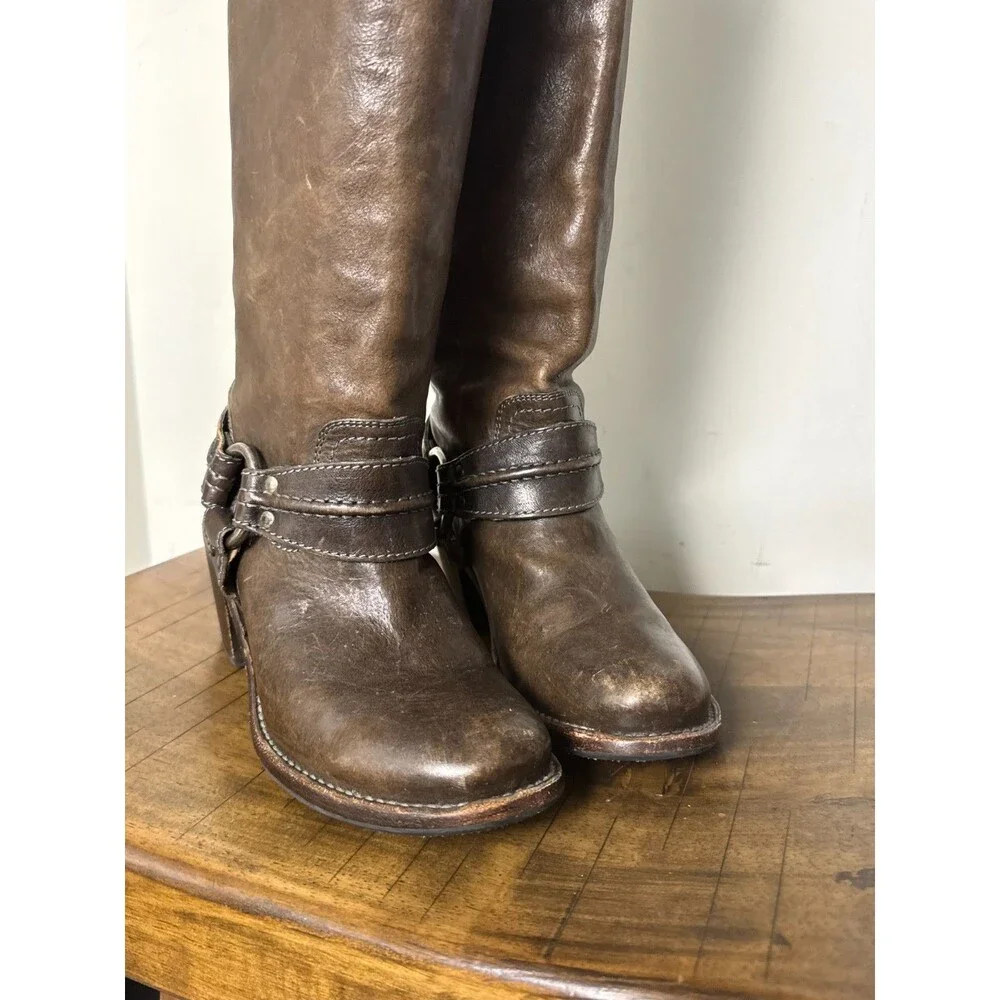 Frye Carmen Harness Tall Boots Women’s 7 B Brown Leather Moto Riding Western